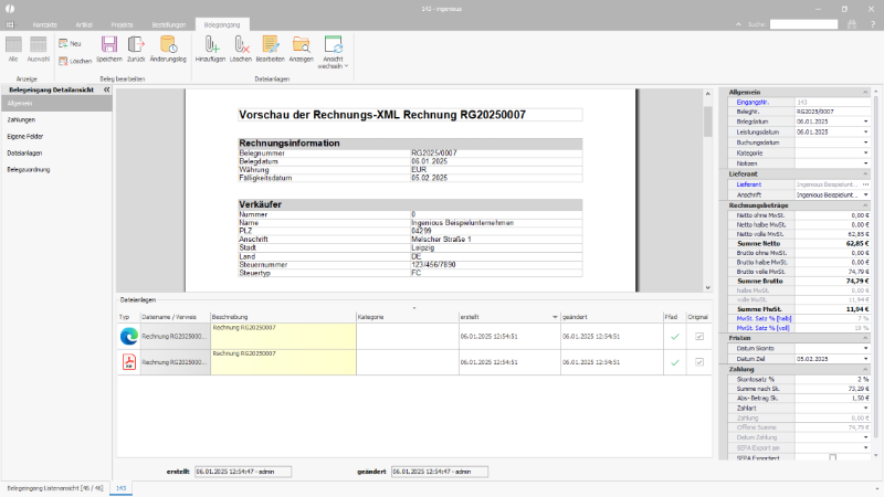 Detailansicht eines Eingangsbelegs