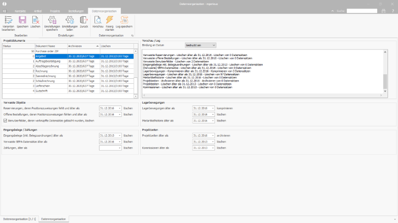 Einstellungen einer Datenreorganisation