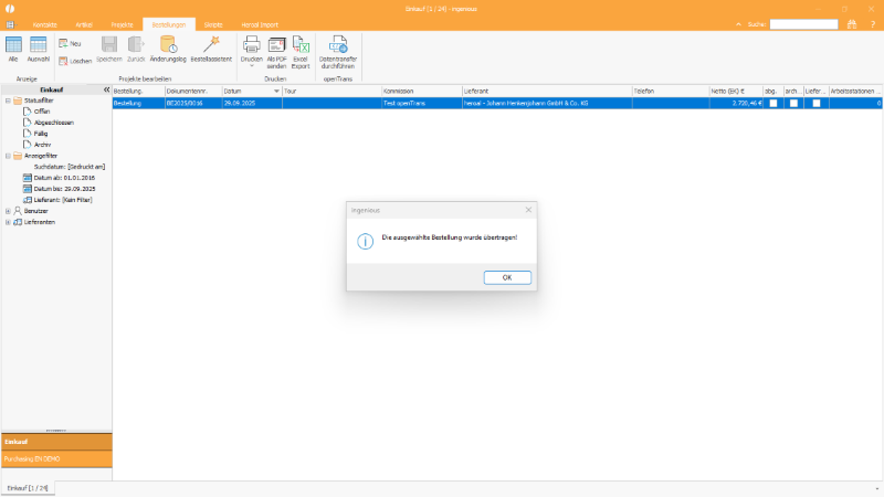 Per&nbsp;openTrans Datentransfer übertragene Bestellung