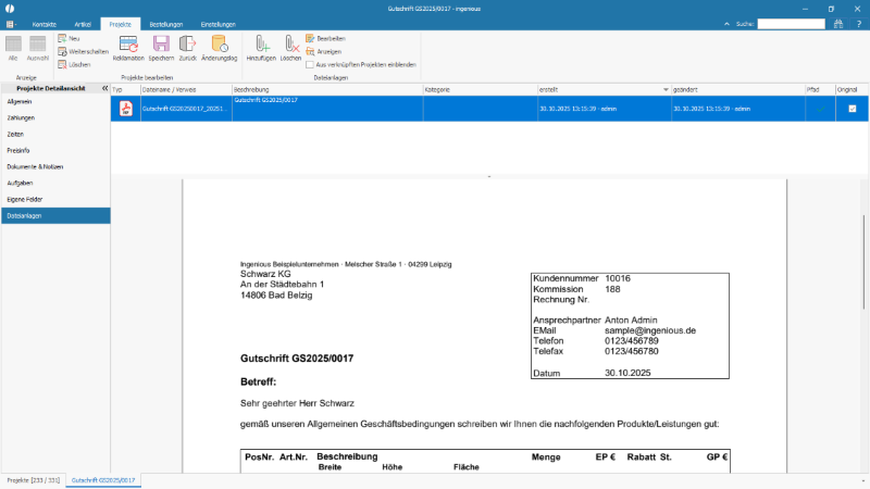 Dateianlagen eines Projektdokuments