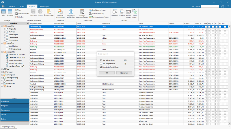 Auswahlabfrage für den Export der Projekte Liste nach Microsoft Excel