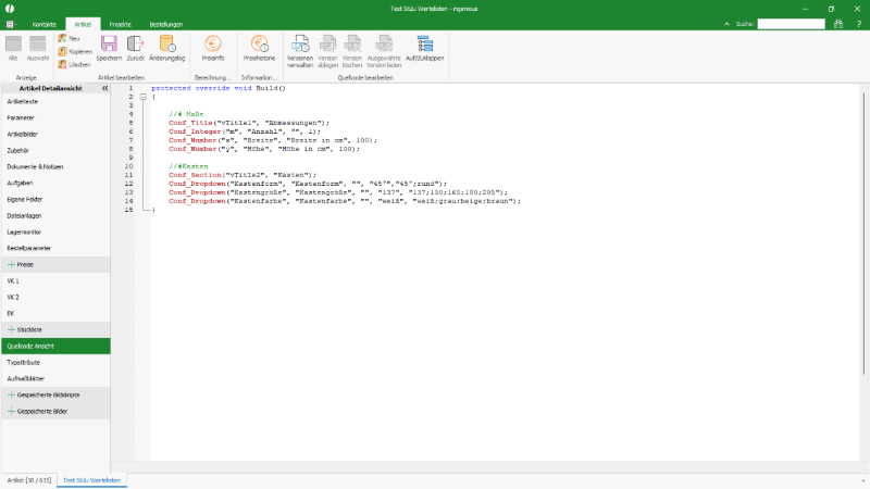 Übliche Werteliste in einer Stückliste in Quellcodeform