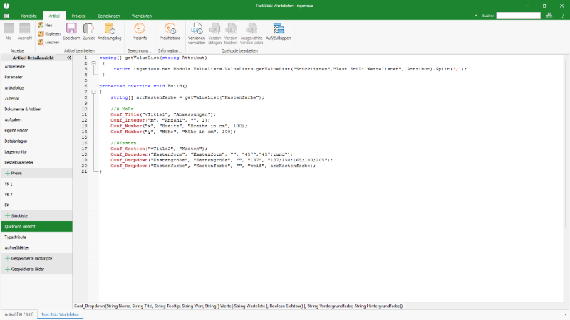 Verwendung einer ausgelagerten Werteliste in einer Stückliste in Quellcodeform